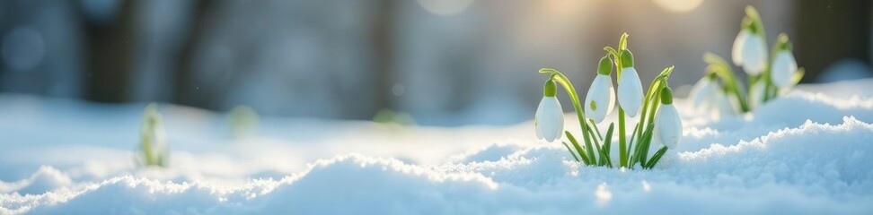 Obraz premium Snowdrop stems and leaves emerge from the snowy landscape, winter, calm landscape