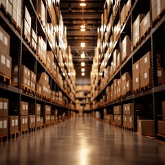 A vast warehouse filled with neatly stacked cardboard boxes, showcasing organized storage and a long aisle leading to more inventory.