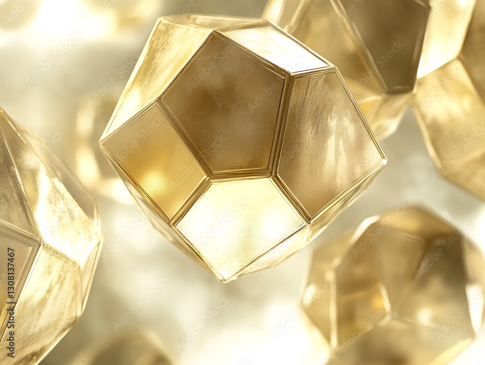 Poster golden geometric shapes floating in light abstract visuals digital art ethereal environment close-up