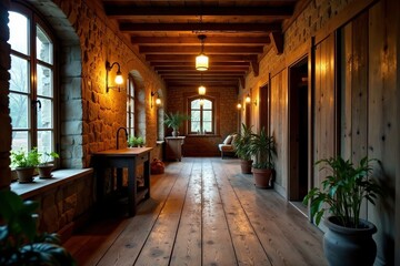 Fototapeta premium Cozy corridor with rustic wooden floors and warm lighting, cozy, rustic, lighting