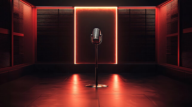 A modern podcast studio featuring microphone, illuminated by red lights, creating inspiring atmosphere for voiceovers
