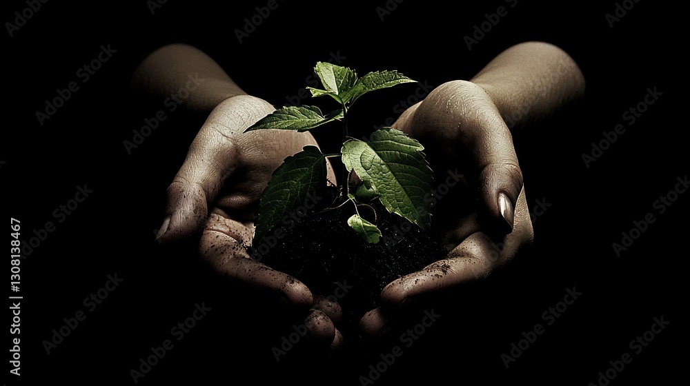 Poster hands holding a tree sapling ready to be planted.