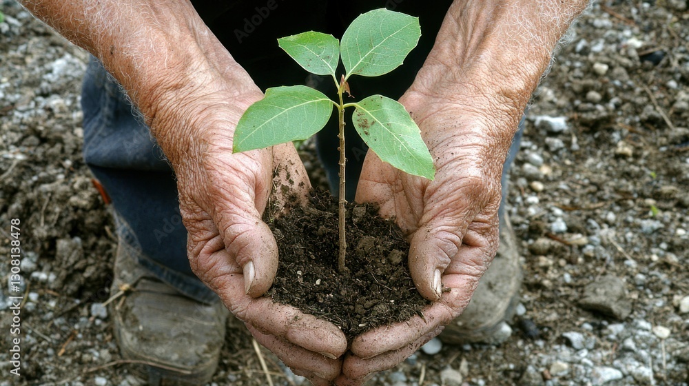 Poster hands holding a tree sapling ready to be planted.