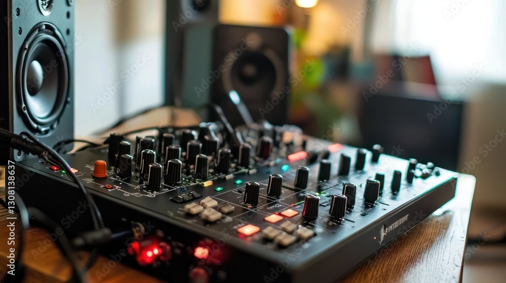 Poster high-quality podcast equipment in use during a recording session