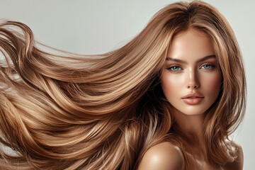 Naklejka premium A Luxurious long hair styled in voluminous waves, showcasing blend of hues