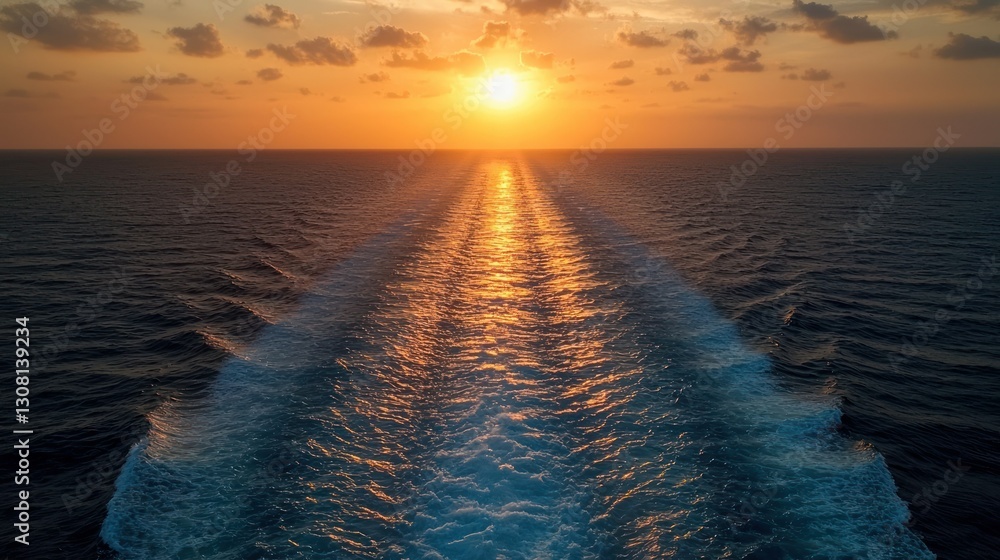 Poster the sun dipping below the horizon, creating a brilliant orange path across the open sea.