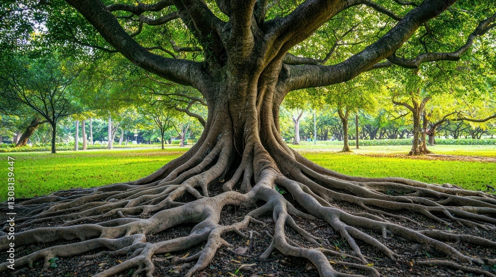 Poster view of tree roots spreading across the ground, intertwined and textured.
