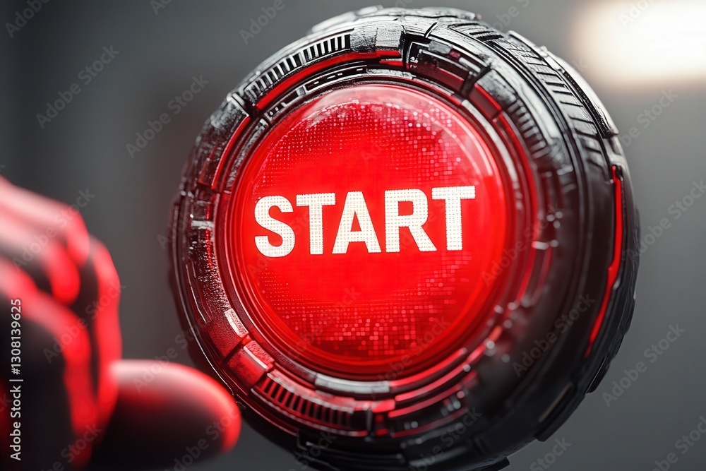 Poster red start button on a futuristic control panel with a glowing led indicator