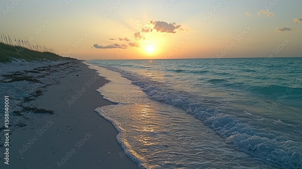 Poster a serene view of a beach with gentle waves and the sun dipping below the horizon