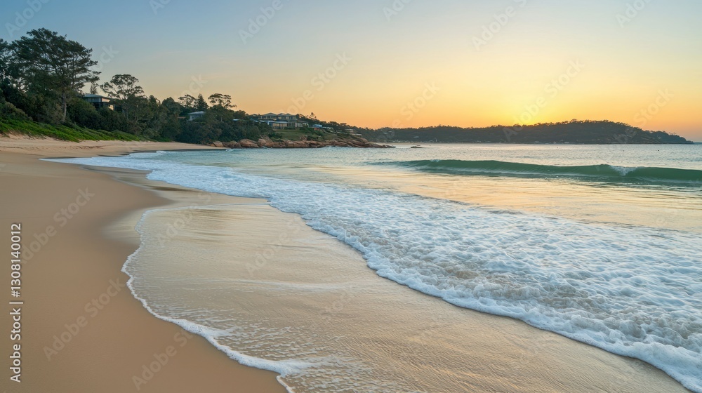 Poster a serene view of a beach with gentle waves and the sun dipping below the horizon