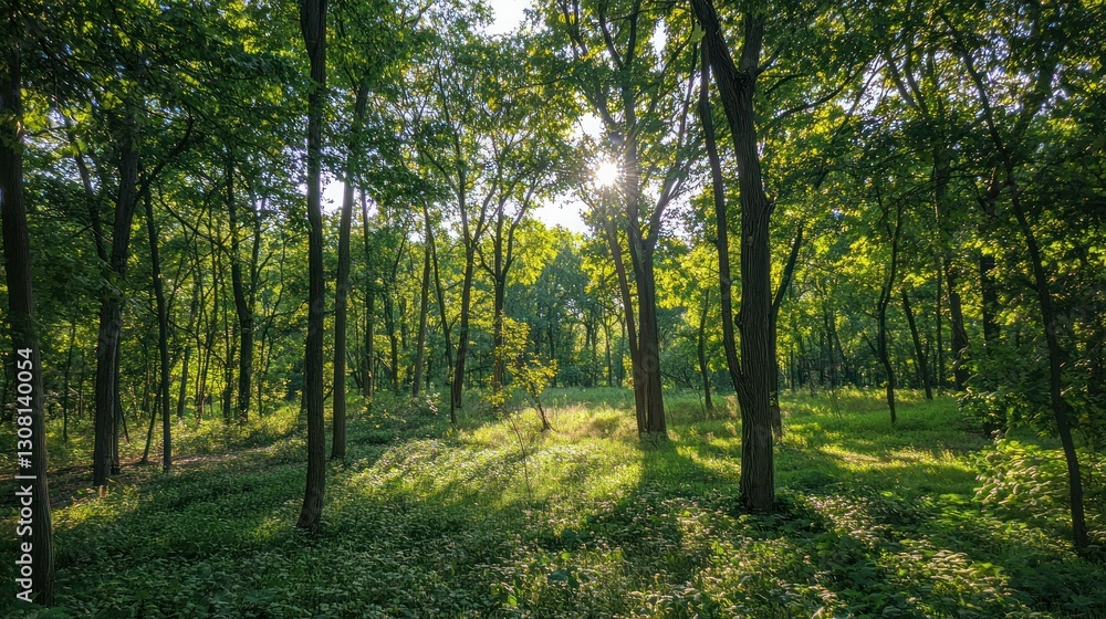 Poster A serene view of a dense forest with sunlight filtering through the canopy.