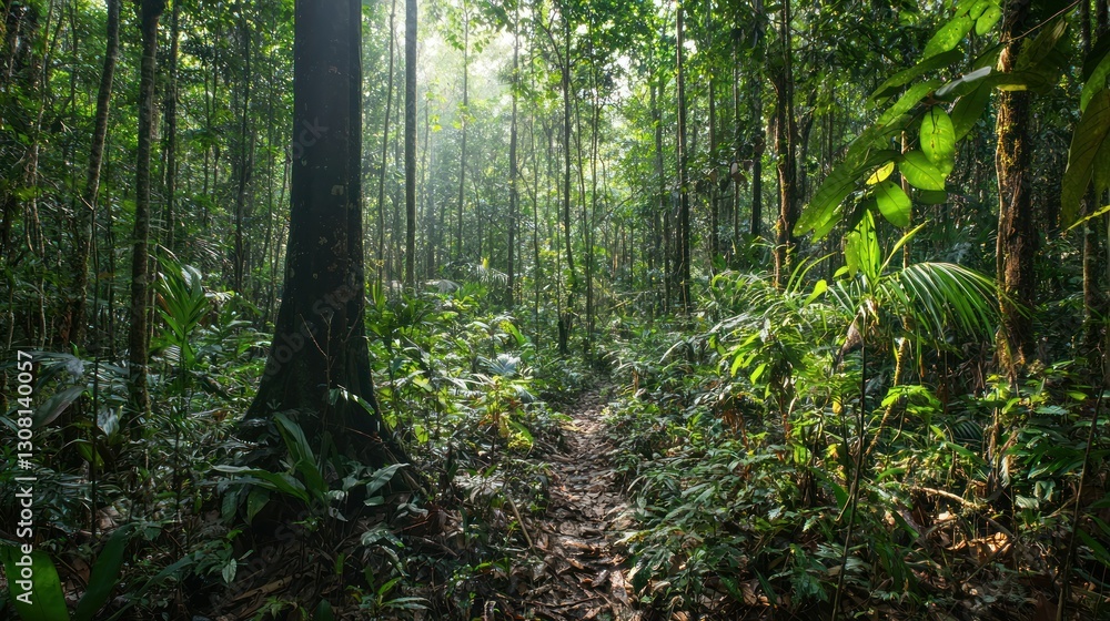 Poster A serene view of a dense forest with sunlight filtering through the canopy.