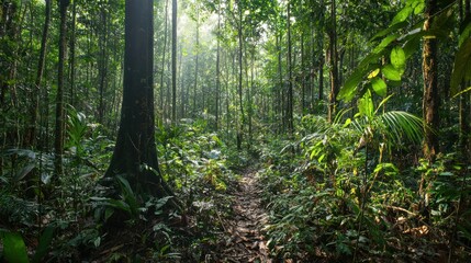 A serene view of a dense forest with sunlight filtering through the canopy.
