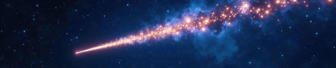 Naklejka premium A sparkling silver meteor streaks across the night sky with glittering stardust, galaxies, gliter sparks