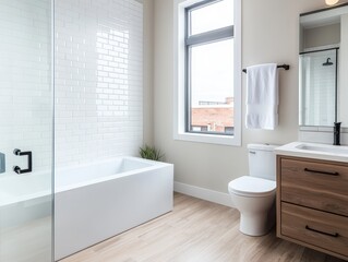 Obraz premium Functional bathroom featuring essential toilet and sink for daily hygiene and comfort in a practical living space