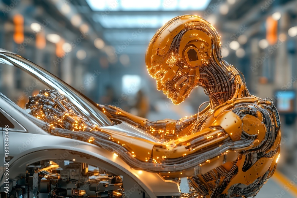 Poster futuristic robot mechanic inspecting a high-tech car in a modern workshop environment