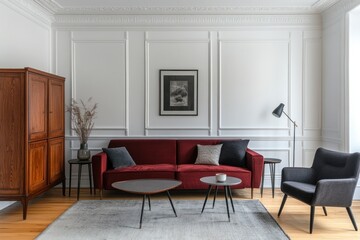 Fototapeta premium Elegant, modern living room with classic, burgundy sofa and dark wood cabinet.