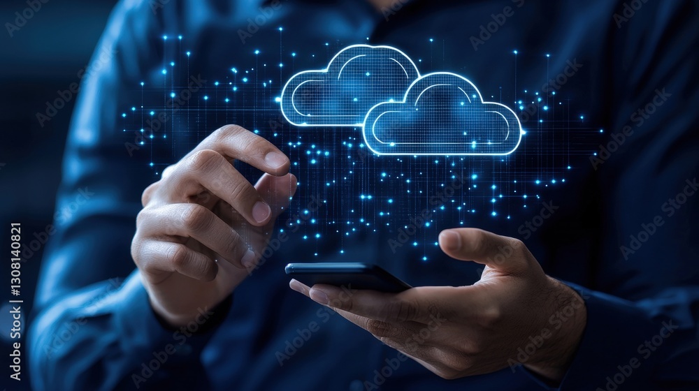 Poster a man holding a smartphone with a cloud icon indicating modern technology and cloud computing concep