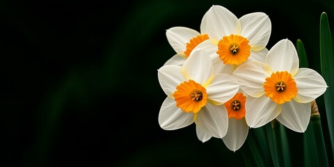 Fototapeta premium Close-up of white daffodils with orange centers against a dark background.