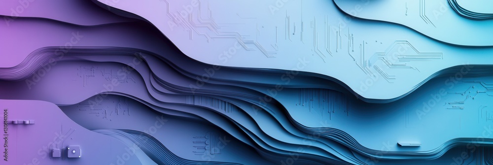 Poster Futuristic layered paper art background with digital circuits and flowing data patterns in cool tones Generative AI