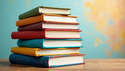 Fototapeta premium Colorful stack of books with doodle illustrations on covers, school, creative, learning