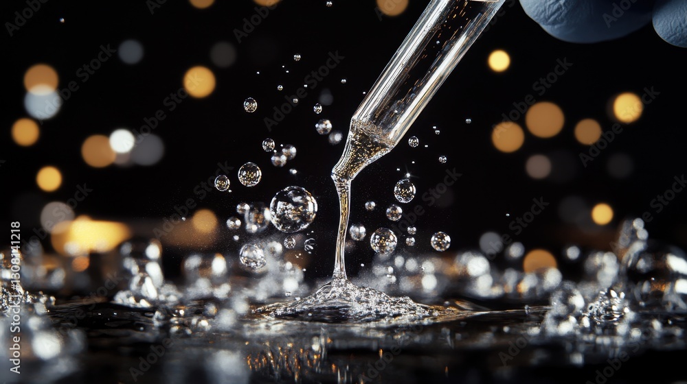 Poster laboratory experiment with a scientist handling a test tube, liquid pouring, and small bubbles float