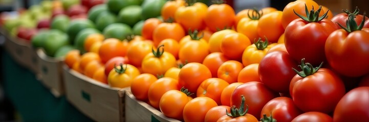 Colorful tomatoes arranged on display at a market, agriculture, grocery, yellow