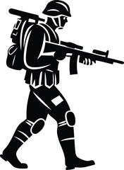 Premium quality soldier in motion silhouette vector art, Black color soldier in motion vector icon design