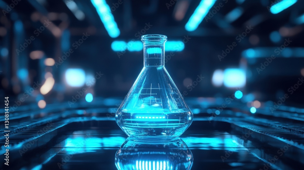 Poster laboratory scene with transparent flask containing a bright liquid, under blue lighting with futuris