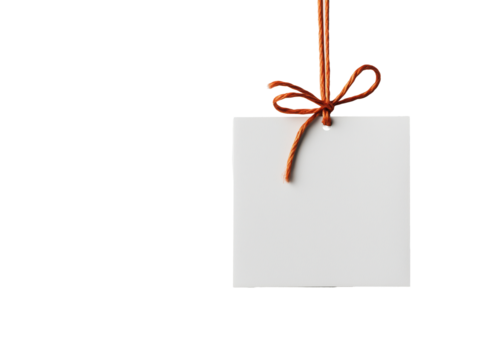 A blank gift card suspended by a knotted red rope against a clean white backdrop, ideal for adding a festive touch to your holiday decorations.