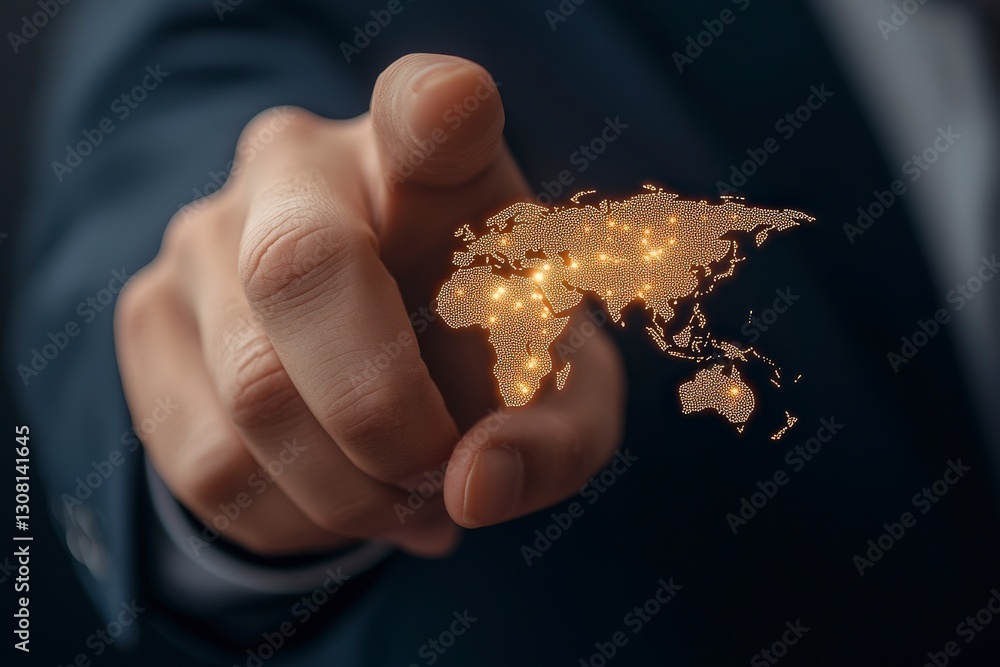 Poster businessman pointing at digital map of the world with illuminated locations in a dark setting