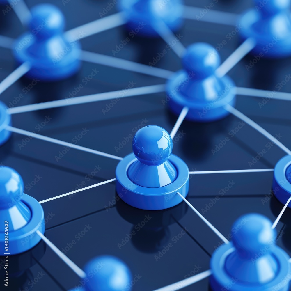 Poster a network of blue game pieces connected by lines, symbolizing connections and relationships in a dig