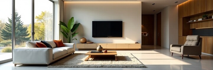 Contemporary living room with sleek furniture and minimalist decor, cozy, modern, elegant