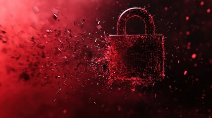 Lock symbol shattering as digital red virus spreads, cyber security breach visualization