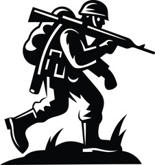 Premium quality soldier in motion silhouette vector art, Black color soldier in motion vector icon design