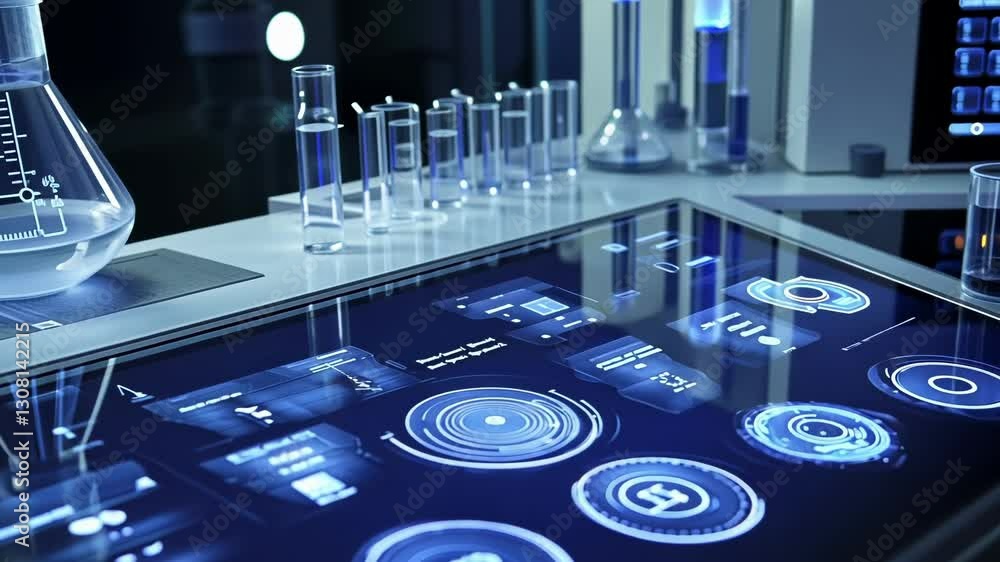 Poster high tech laboratory interface displaying digital data and scientific analysis. futuristic design wi