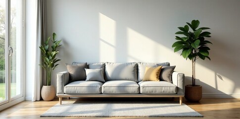 Cozy living room with modern grey sofa, plants, and natural light, modern, plants, interior