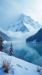 Foggy landscape of Volosyanaya mountain with frozen lake, panoramic, winter