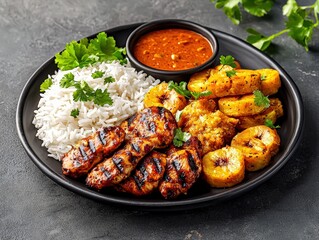 Fototapeta premium A flavorful plate of rice generously drizzled with savory sauce creating a delicious meal that is both comforting and satisfying for any occasion