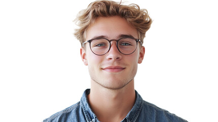 Fototapeta premium Handsome young blond man wearing eyeglasses and shirt isolated on transparent background png for professional portraits and design projects.