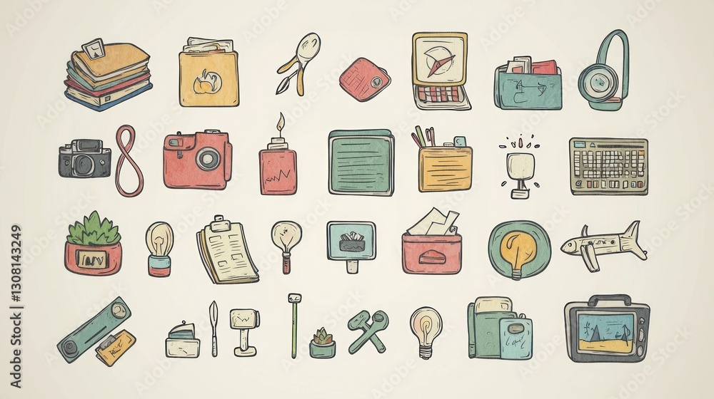 Poster a hand-drawn vector icon set with a whimsical design, showcasing small business and startup themes