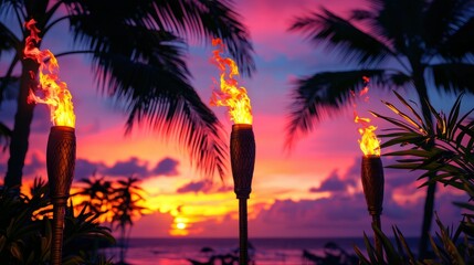A Hawaiian luau scene with torches glowing and the sunset providing a colorful backdrop.
