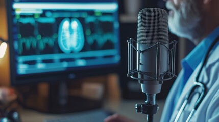 A healthcare professional explaining medical topics into a podcast mic, framed by studio