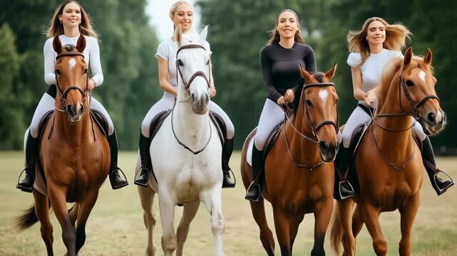 Riders on horseback enjoy a sunny day, showcasing equestrian skills in an open field with lush green surroundings