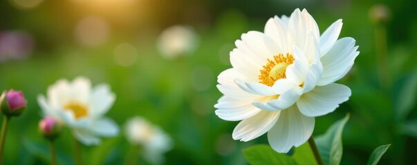 Fototapeta premium Large white peony flowers blooming in a garden, flower, spring, peony