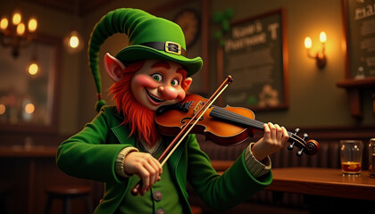 A lively leprechaun plays a fiddle. Happy St. Patrick's Day.