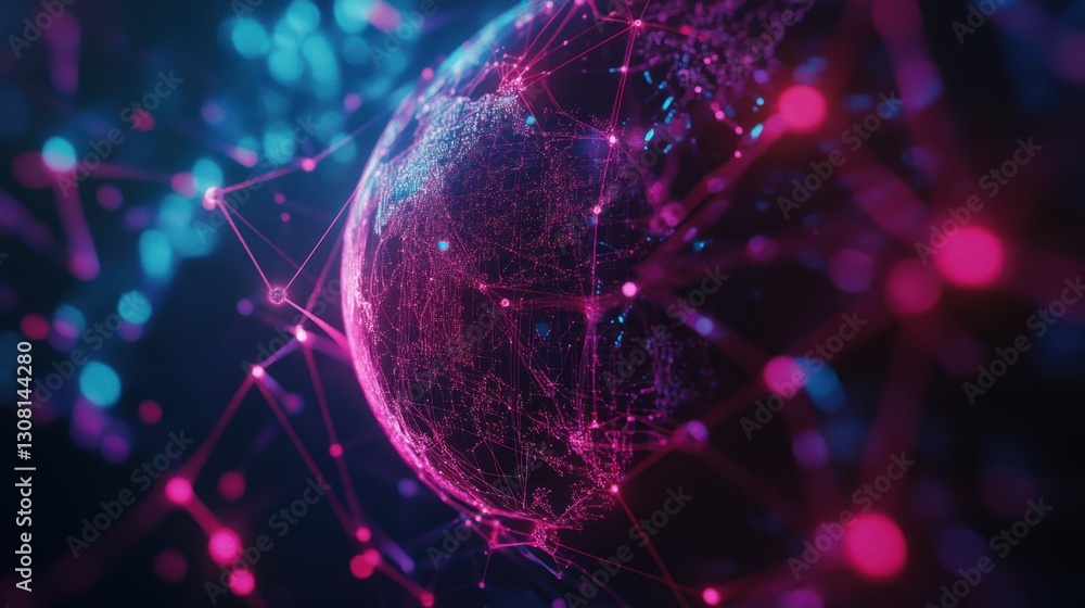 Poster neon-lit digital earth with interconnected nodes and web-like connections symbolizing global network