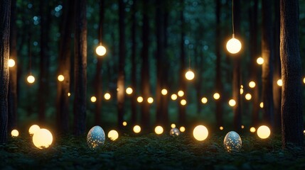 Enchanting forest pathway illuminated by glowing lights creating a magical atmosphere surrounded by tall trees and a sense of wonder and adventure