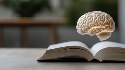 An open book rests on a wooden surface, with a three-dimensional glowing brain hovering above it. This setup symbolizes the connection between reading and knowledge