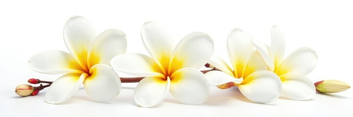 Peaceful serene landscape with three frangipani flowers isolated on a white background, simplicity, solo bloom, calm